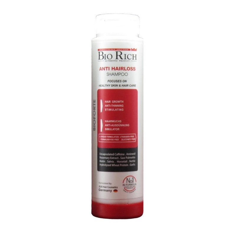 شامپو روزانه تقویتکننده و ضد ریزش مو بایوریچ مخصوص انواع مو، حجم 250 میلیلیتر مدل ANTI HAIR LOSS، حاوی کراتین، بدون سولفات، حجمدهنده و ترمیمکننده با عصاره مریم گلی، گزنه و، رزماری
