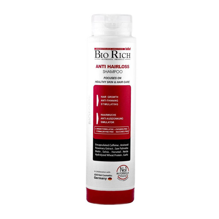 شامپو روزانه تقویتکننده و ضد ریزش مو بایوریچ مخصوص انواع مو، حجم 250 میلیلیتر مدل ANTI HAIR LOSS، حاوی کراتین، بدون سولفات، حجمدهنده و ترمیمکننده با عصاره مریم گلی، گزنه و، رزماری