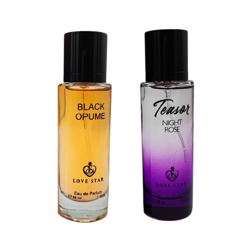 عطر جیبی لاو استار مدل بلک اوپیوم با رایحه گرم حجم 30 میلی لیتر به همراه عطر جیبی لاو استار مدل مید نایت رز با رایحه شیرین حجم 30 میلی‌لیتر
