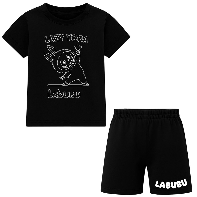 ست تی شرت آستین کوتاه و شلوارک راحتی دخترانه مدل E05 طرح LABUBU