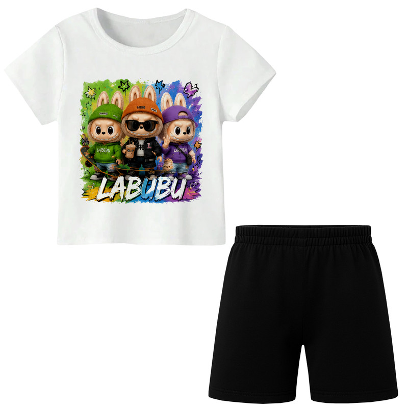 ست تیشرت آستین کوتاه و شلوارک راحتی دخترانه مدل A238 طرح LABUBU