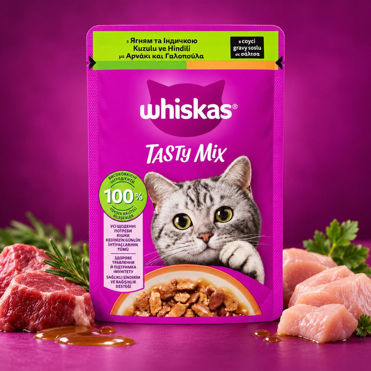 پوچ گربه بالغ ویسکاس مدل گروی طعم بره، بوقلمون وزن 85 گرم