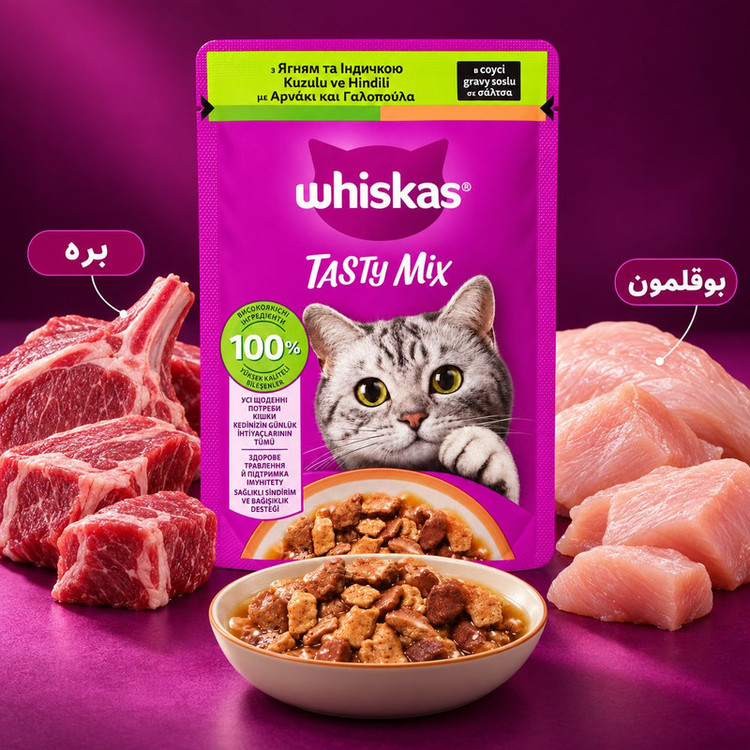 پوچ گربه بالغ ویسکاس مدل گروی طعم بره، بوقلمون وزن 85 گرم