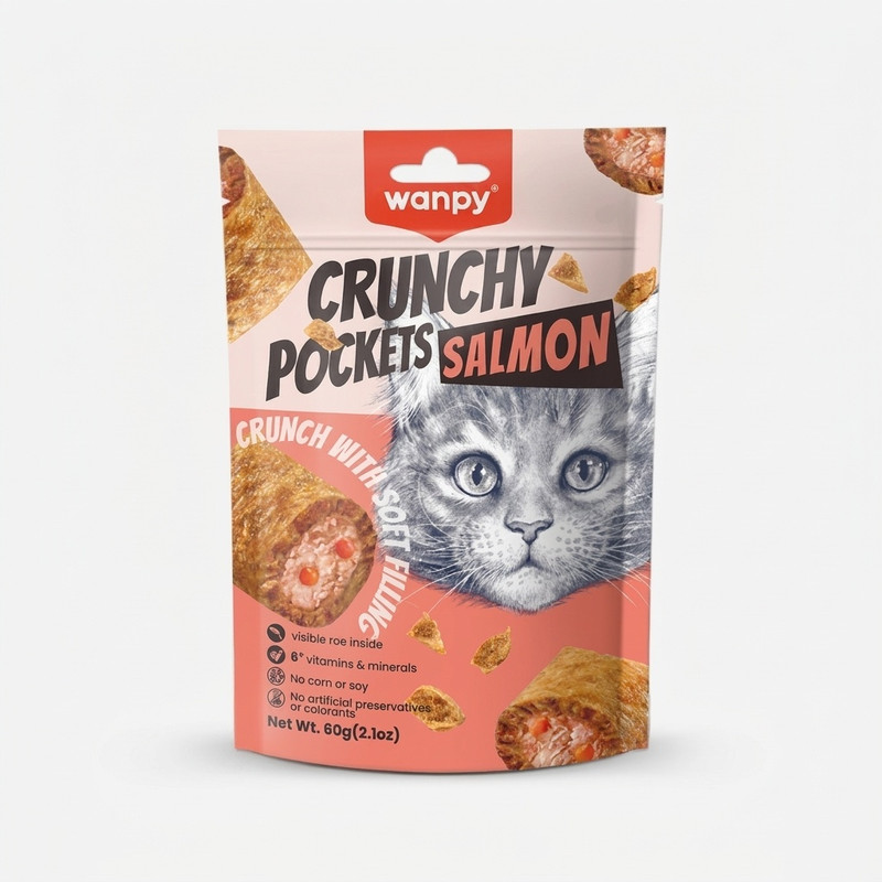 تشویقی گربه ونپی مدل Crunchy Pockets Salmon با طعم ماهی سالمون و خاویار وزن 60 گرم