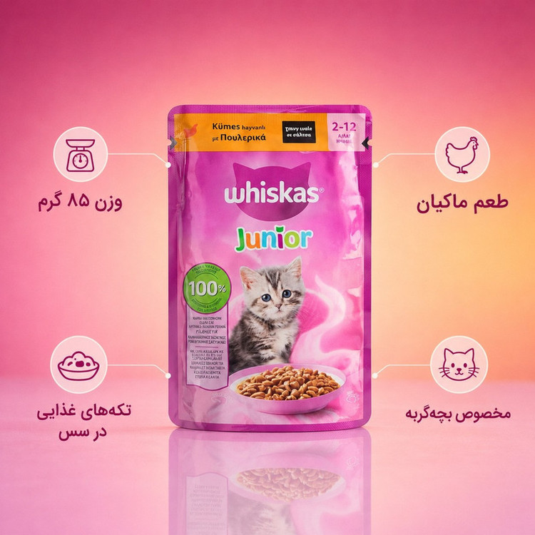 پوچ گربه نابالغ ویسکاس مدل Junior با طعم مرغ وزن 85 گرم