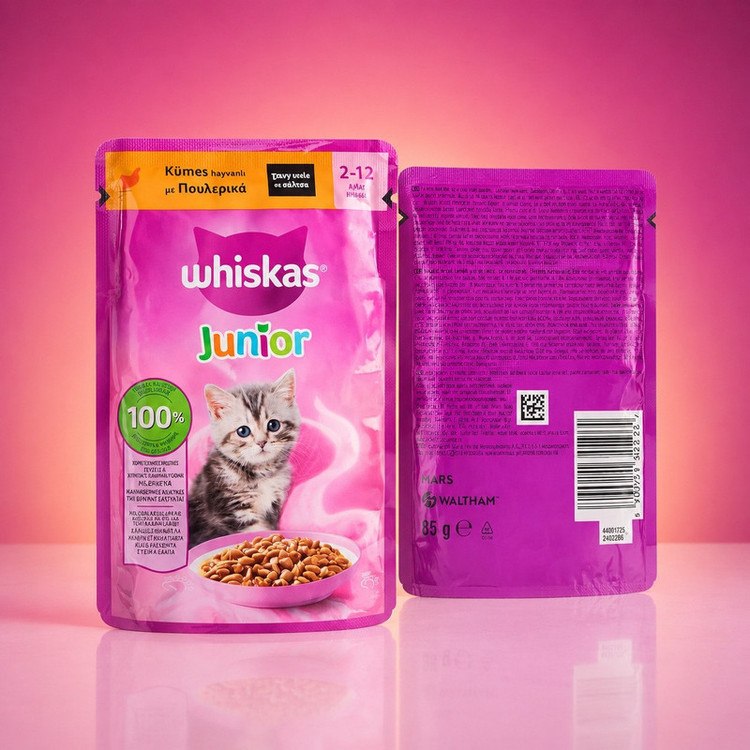 پوچ گربه نابالغ ویسکاس مدل Junior با طعم مرغ وزن 85 گرم