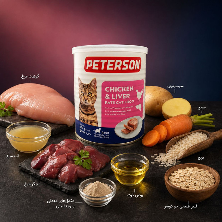 کنسرو غذای گربه بالغ پترسون مدل پته طعم مرغ و جگر وزن 800 گرم
