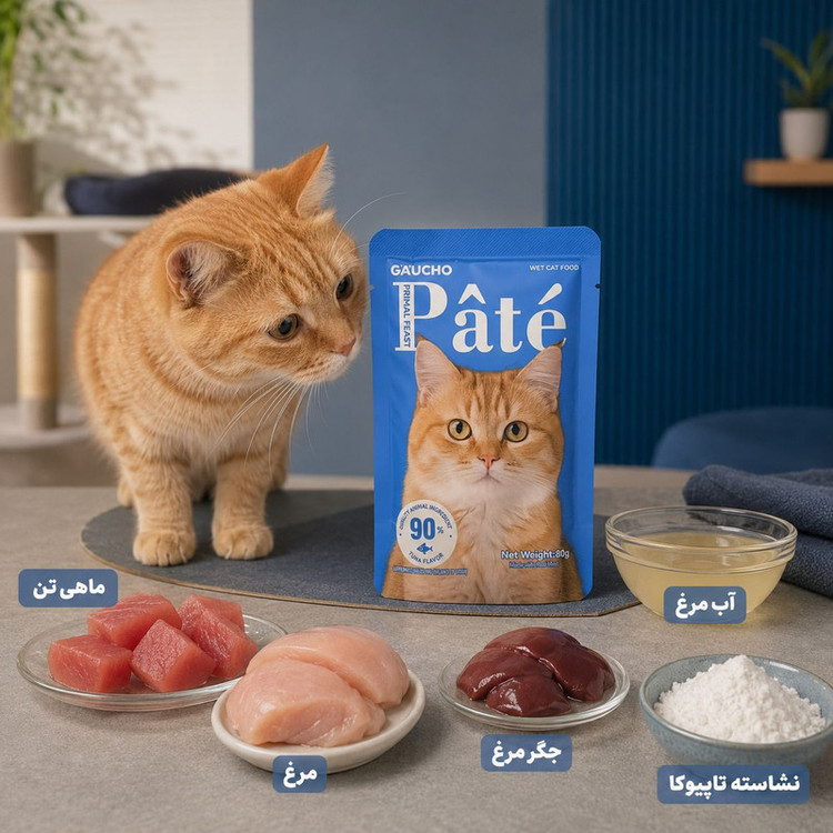 پوچ گربه بالغ گائوچو مدل Primal Feast طعم ماهی تن وزن 80 گرم