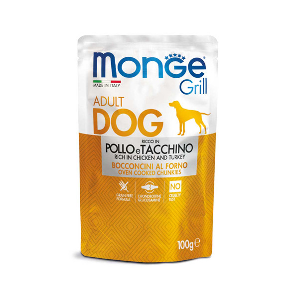 پوچ سگ بالغ مونژه مدل Monge Grill Adult با طعم مرغ و بوقلمون وزن 100 گرم