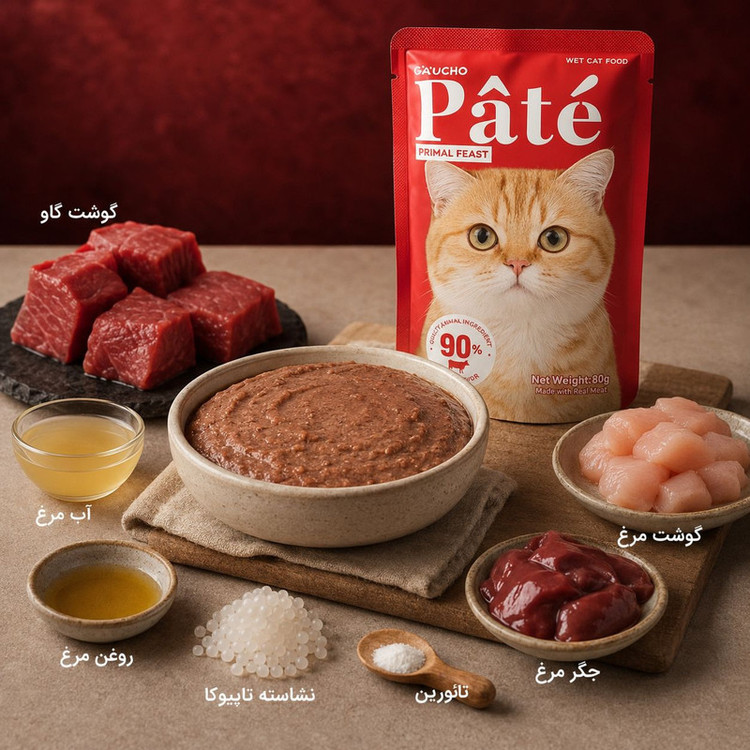 پوچ گربه بالغ گائوچو مدل Primal Feast طعم گوشت گاو وزن 80 گرم