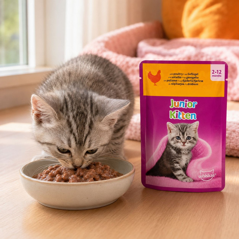 پوچ بچه گربه ویسکاس مدل Junior Kitten طعم گوشت پرندگان وزن 85 گرم