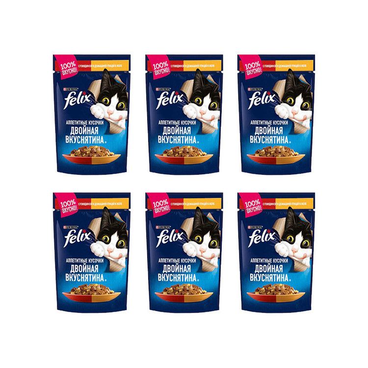 پوچ گربه بالغ فلیکس مدل Chicken & Beef In Jelly با طعم مرغ و گوشت گاو وزن 75 گرم بسته 6 عددی