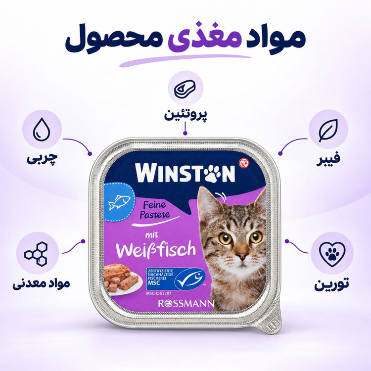 کنسرو گربه بالغ وینستون مدل Fine Pate طعم ماهی سفید وزن 100 گرم