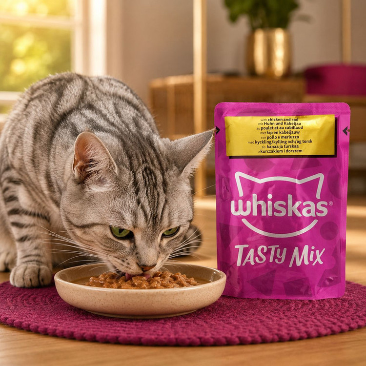 پوچ گربه بالغ ویسکاس مدل Tasty Mix طعم مرغ و ماهی کاد وزن ۸۵ گرم
