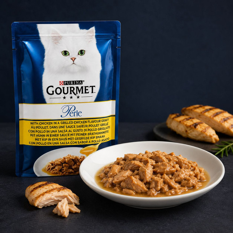پوچ گربه بالغ گورمت مدل Perle Gravy طعم مرغ در سس وزن 85 گرم