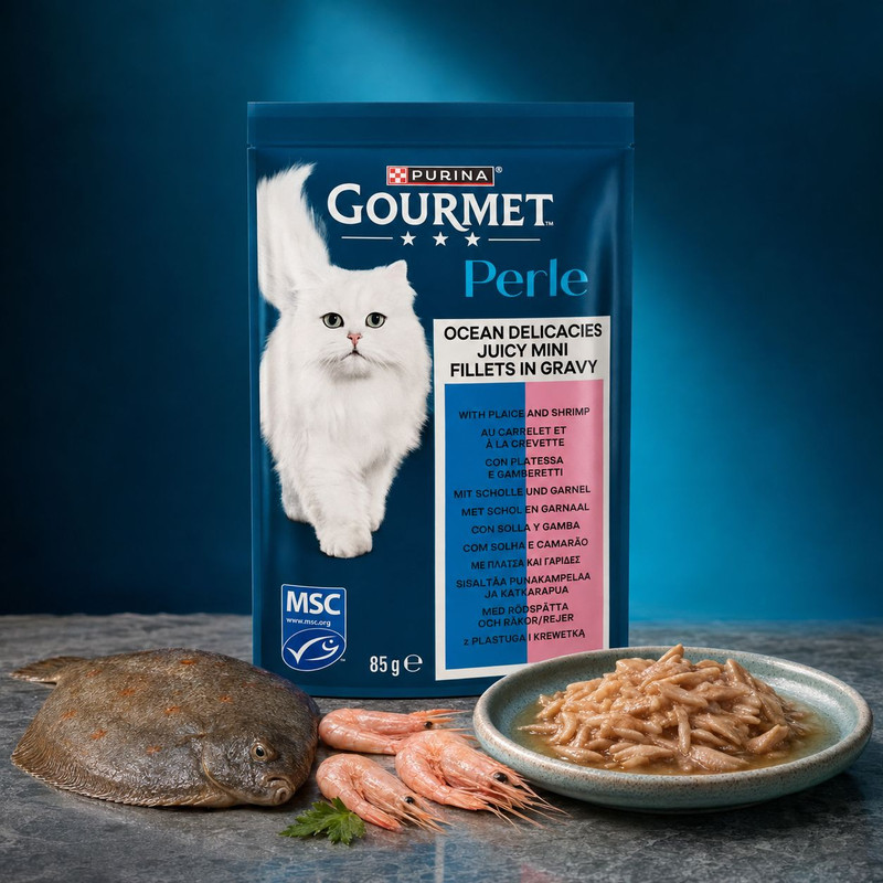 پوچ گربه بالغ گورمت مدل Perle با طعم ماهی کفشک و میگو وزن 85 گرم