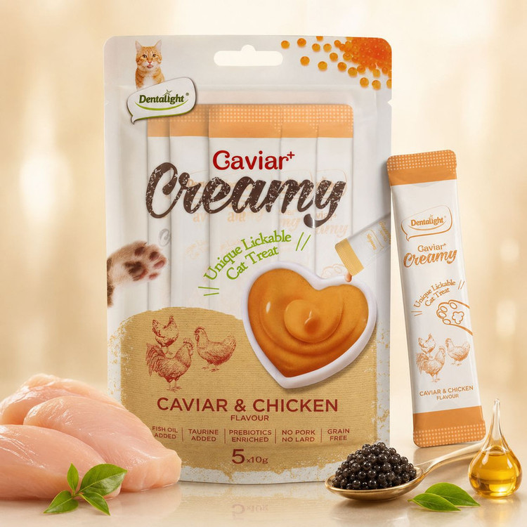 بستنی گربه بالغ دنتالایت مدل Caviar Creamy طعم خاویار و مرغ وزن 50 گرم