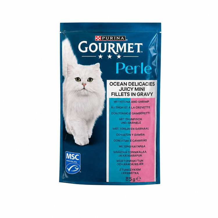 پوچ گربه بالغ گورمت مدل Perle طعم ماهی تن و میگو وزن 85 گرم