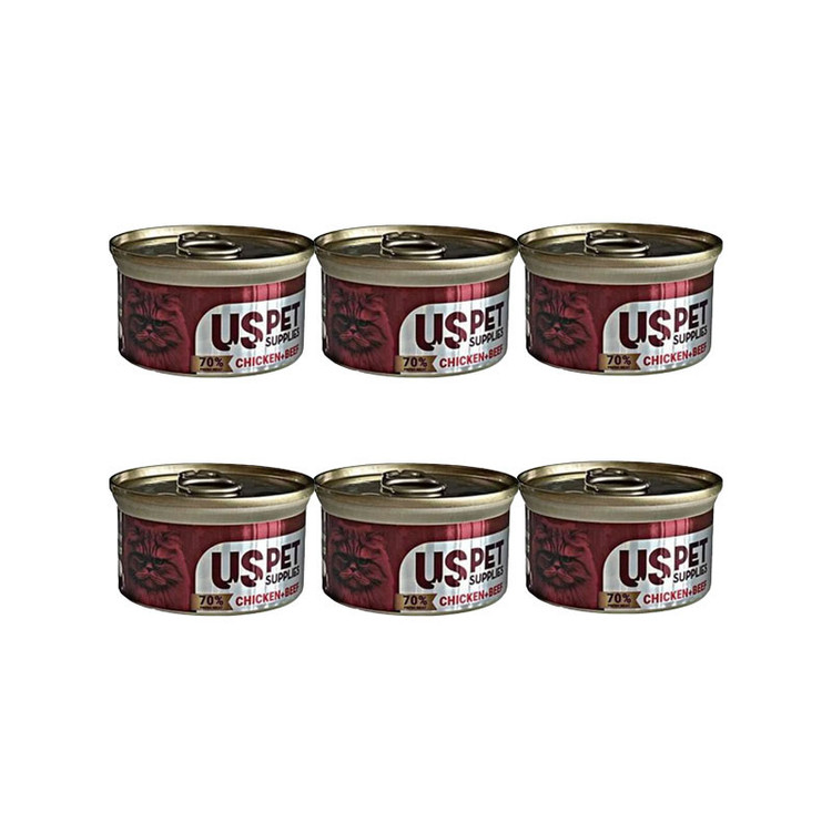 کنسرو غذای گربه بالغ یو اس پت مدل Slice Meat Pack طعم مرغ و گوشت گاو وزن 85 گرم بسته 6 عددی