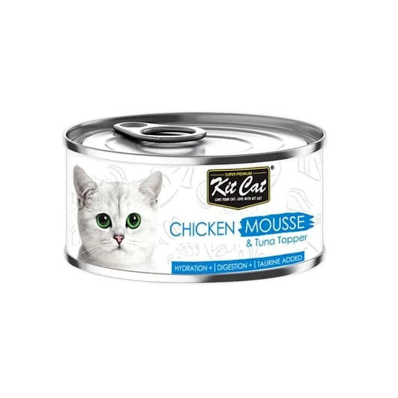 کنسرو غذای گربه کیت کت مدل Mousse طعم مرغ و رویه تن ماهی وزن 80 گرم