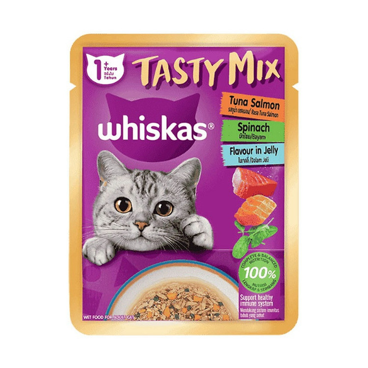 پوچ گربه ویسکاس مدل Tasty Mix in Jelly طعم ماهی تن، سالمون و اسفناج وزن ۷۰ گرم