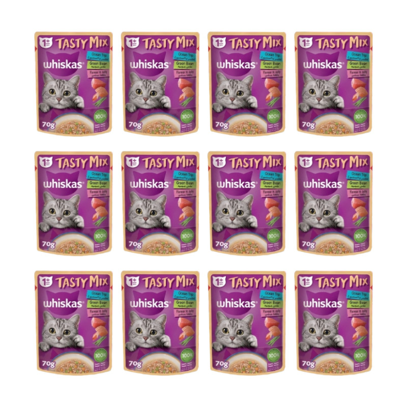 پوچ گربه ویسکاس مدل Tasty Mix Sea Collection in Jelly طعم‌ دریایی وزن 70 گرم بسته 12 عددی