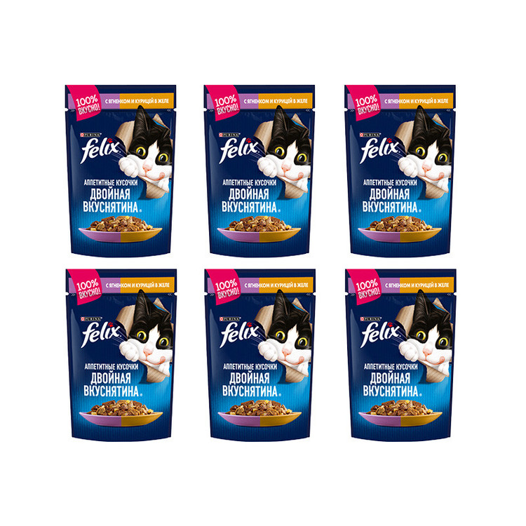 پوچ گربه بالغ فلیکس مدل Appetizing Pieces In Jelly Pack طعم مرغ و بره بسته 6 عددی