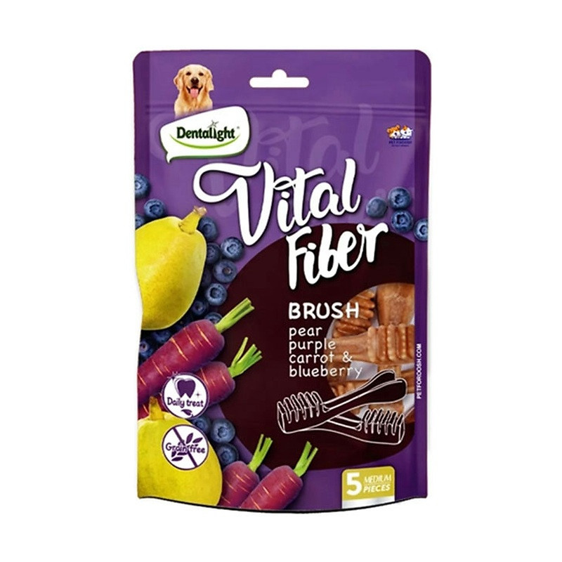 تشویقی دندانی سگ دنتالایت مدل Vital Fiber Brush Pear M با طعم گلابی و هویج و بلوبری وزن 85 گرم