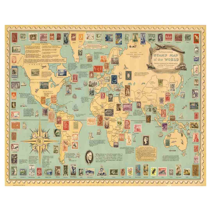 پوستر مدل نقشه کهنه جهان با تمبر