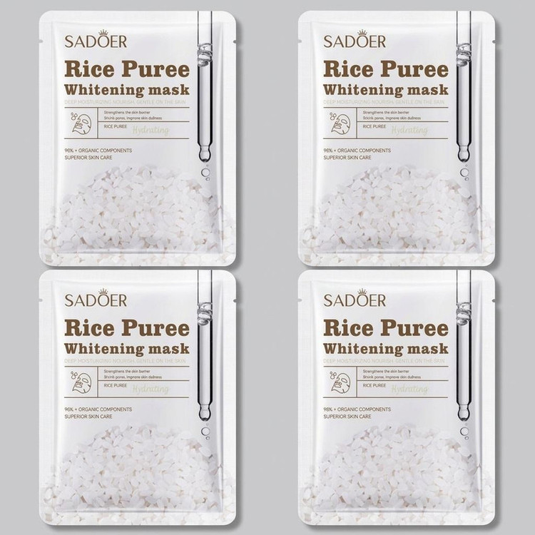 ماسک ورقهای صورت سادور مدل Rice Puree آبرسان، درخشان کننده، کوچک کننده منافذ باز پوست، جوان کننده، لایهبردار، روشن کننده، ضد چروک، محکم کننده، نرمکننده، مغذی، مرطوبکننده، محافظتکننده بدون الکل، حاوی ویتامین E و B6، مناسب انواع پوست بسته 4 عددی