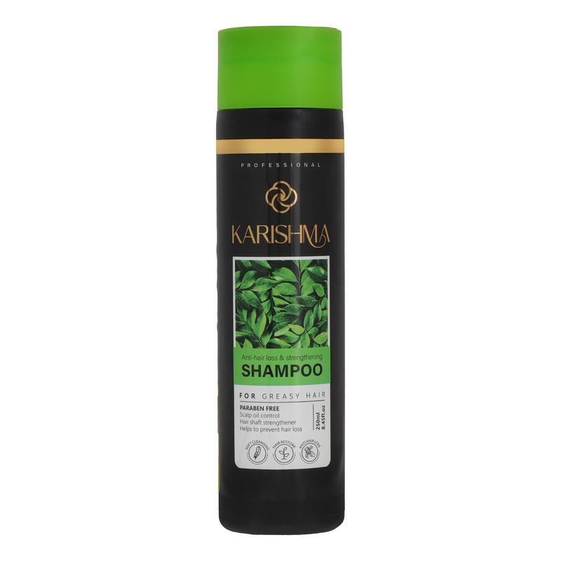 شامپو تقویت‌کننده و ضدریزش مو کاریشما مدل Scalp Oil Control با حجم 250 میلی‌لیتر، کنترل چربی پوست سر، حاوی روغن کرچک، آرگان، نارگیل، عصاره گزنه، رزماری و گل همیشه‌بهار، بدون پارابن، با رایحه سیب