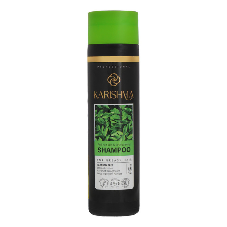 شامپو تقویتکننده و ضدریزش مو کاریشما مدل Scalp Oil Control با حجم 250 میلیلیتر، کنترل چربی پوست سر، حاوی روغن کرچک، آرگان، نارگیل، عصاره گزنه، رزماری و گل همیشهبهار، بدون پارابن، با رایحه سیب