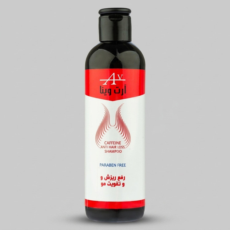شامپو ضد ریزش و تقویتکننده مو آرت وینا مناسب انواع مو، حجم 250 میلیلیتر مدل کافئین پلاس، حاوی ویتامینهای B5 و E، بدون پارابن، محکمکننده، مرطوبکننده، آبرسان، با عصارههای آلوئهورا، مورد