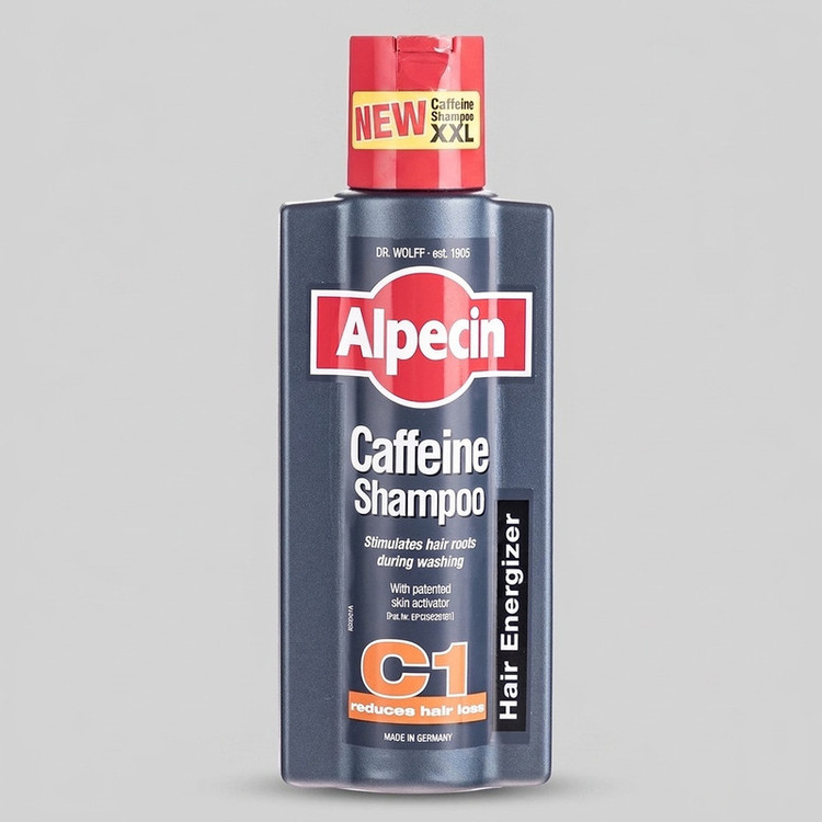 شامپو ضد ریزش مو آلپسین مدل Caffeine C1 حجم 375 میلیلیتر، حاوی کراتین و کمپلکس کافئین و نعناع، تقویتکننده ریشه مو، افزایش ضخامت و حجمدهنده، مناسب برای انواع مو و آقایان