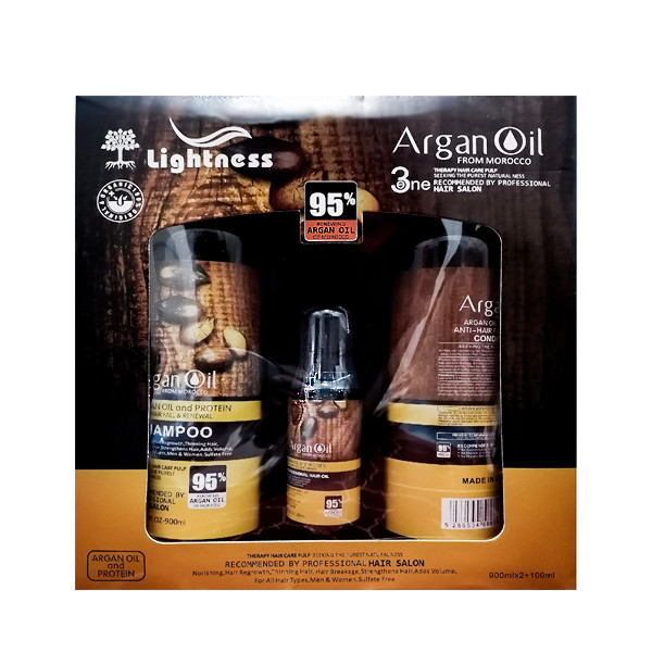 شامپو تقویتکننده و ضد ریزش مو لایتنس مدل روغن آرگان حجم 900 میلیلیتر به همراه روغن آرگان حجم 100 میلیلیتر و نرمکننده مدل آرگان حجم 900 میلیلیتر، فاقد سولفات، مغذی، ترمیمکننده و درخشانکننده